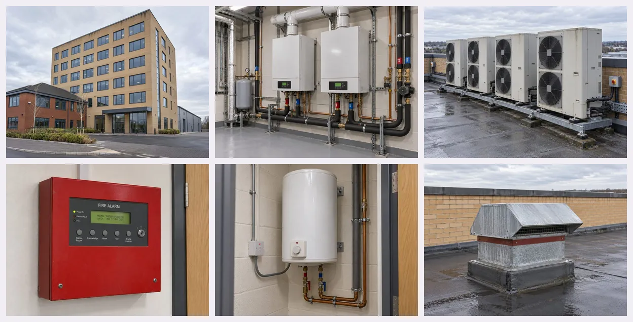Six of the Example Park survey photos: the main building, the boilers, the condensing units, the fire alarm panel, an electric water heater and an extract cowl on the roof