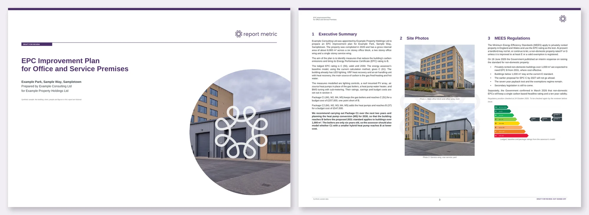 Pages from the sample EPC improvement plan: the A3 cover and the summary page with site photos, the MEES position and the rating chart